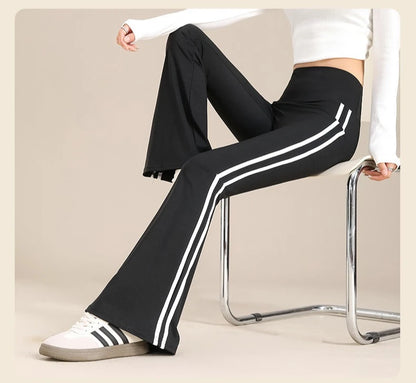 Womens High Waisted Yoga Fitness Leggings American Style Running Butt Lift Stretch Gym Workout Fashion Striped Flared Leggings.