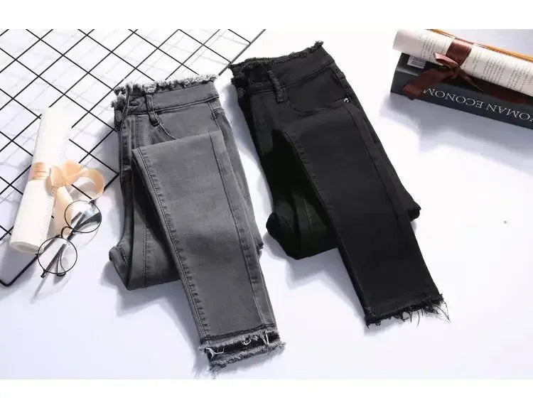 High Waist Slim Fit Women's Jeans High Elasticity Spring Autumn Black Pencil Pants Korean Style plus Size Body Shaping.