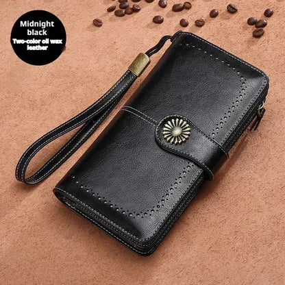 Vintage Large Capacity Women's Purse, Oil wax skin, Multi-card, Long Wallet, Multi-function Zipper Strap, Wrist Strap, New
