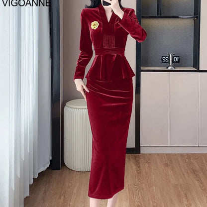 VigoAnne 2025 Solid V Neck Velvet 2 Piece Set Woman Long Sleeve High Waist Skirt Suits Lady Spring Autumn Korean Long Dress Suit