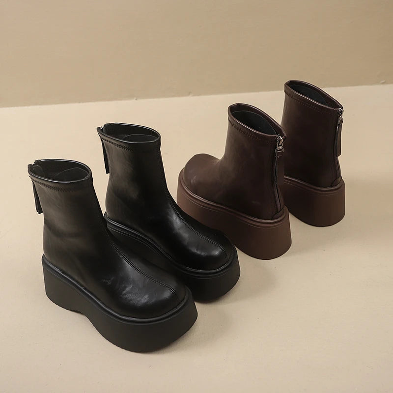 Autumn Winter Chunky Heel Women Short Boots Vintage Round Toe Platform Shoes Ladies Short Plush Gothic Ankle Booties.