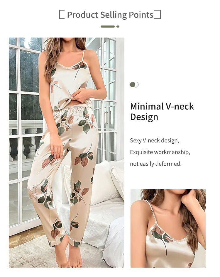 Elegantes Damen-Pyjama-Set aus Satin mit Blattmuster, V-Ausschnitt, Cami-Oberteil und elastische Hose für bequemen Schlaf und Faulenzen.