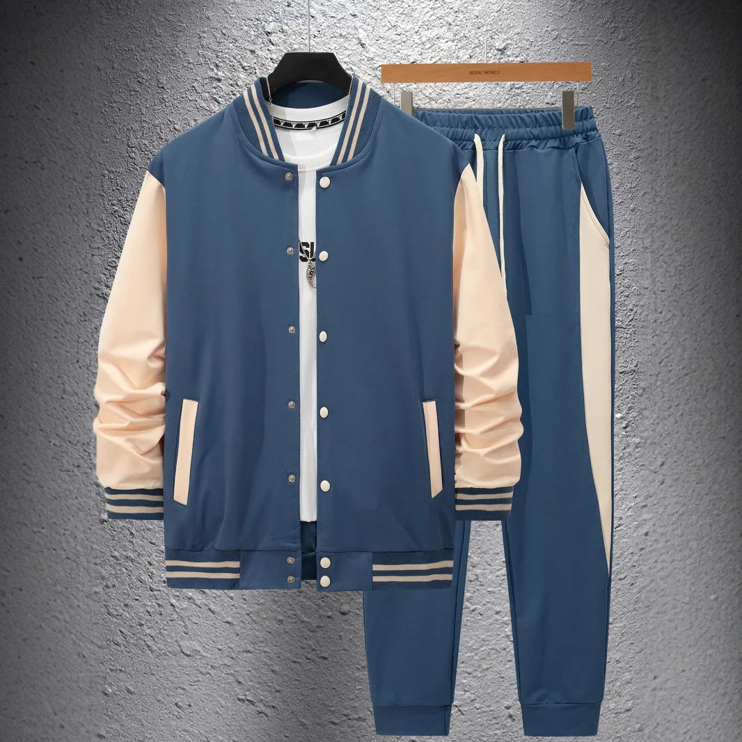 Autumn and winter new thick baseball suit casual men's stand collar cardigan coat matching color sports long sleeve pants suit.