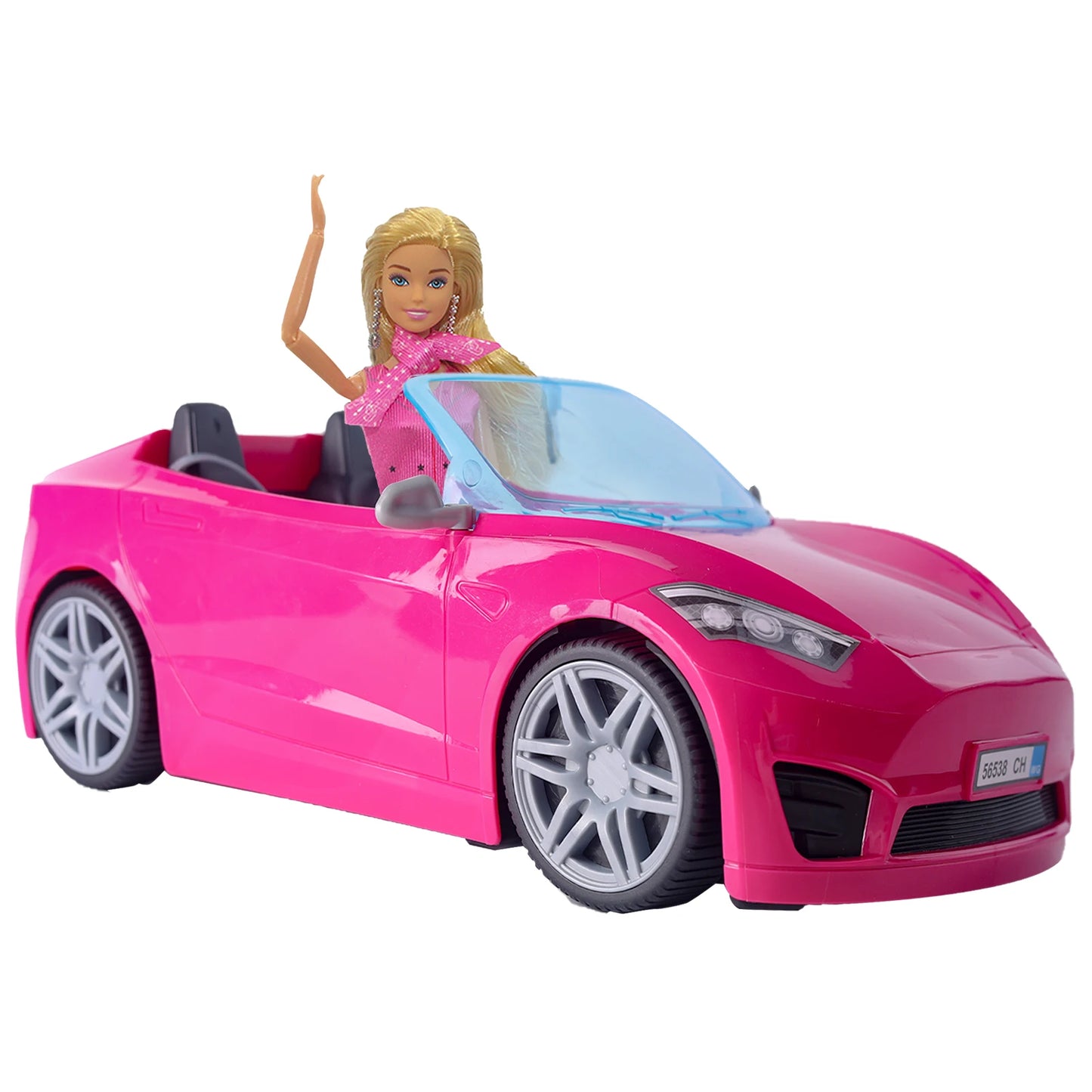 Doll Accessories Toy Car Playset Bright Pink Doll-Sized Convertible with 2 Seats Seatbelts & Rolling Wheels Realistic Details.
