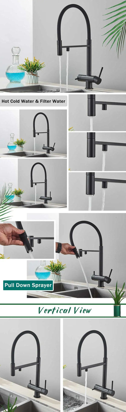 Rozin Filter Water Kitchen Faucet Black Pull Down Flexible Sprayer Faucets 2 in 1 Purification Pure Water Mixer Tap 360 Swivel
