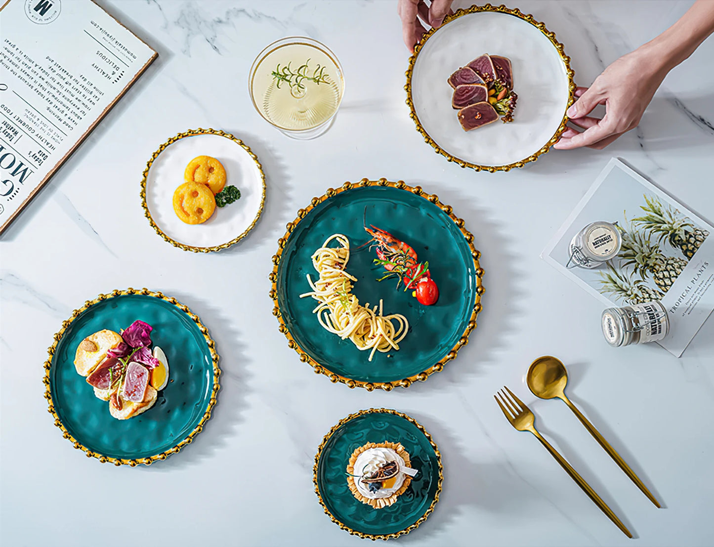 Ceramic Western Dinner Plate Phnom Penh Creative Green Relief Sculpture Steak Dessert Dish Meal Snack Fruit Salad Flat Plate.