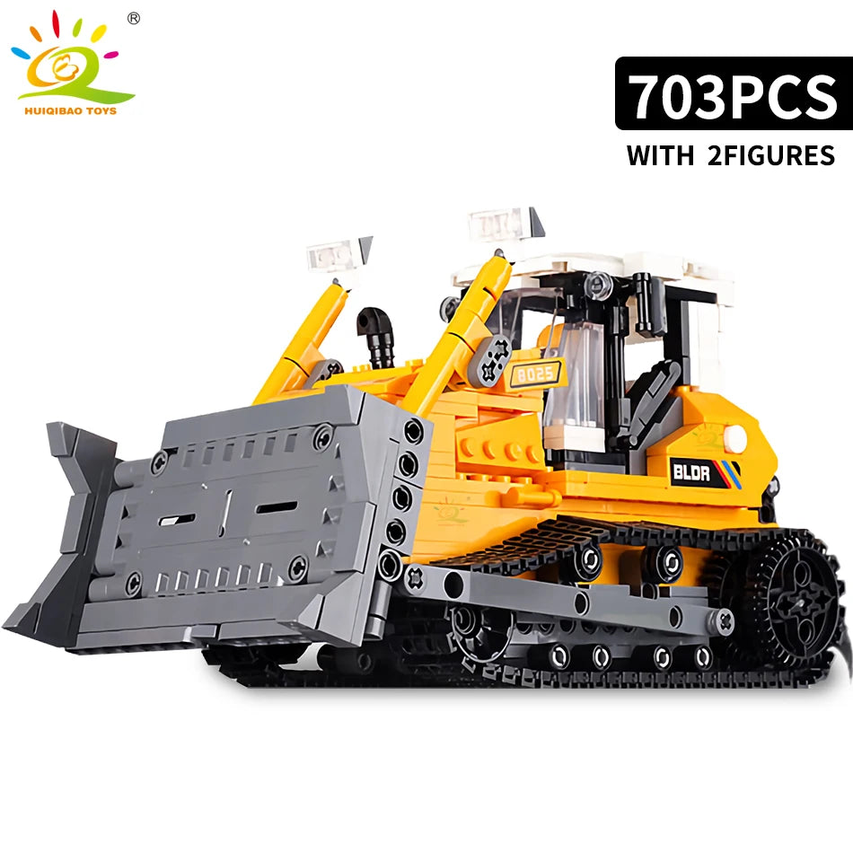HUIQIBAO Engineering Truck Building Blocks Vehicle Excavator Bulldozer Crane Car Bricks City Construction Toys For Children Boys