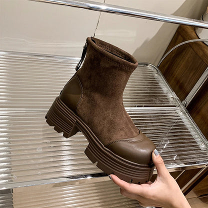 Vintage Platform Splicing Woman Ankle Boots Design Back Zippers Thick Sole Shoes  2025 Autumn Winter Short Botas Para Mujer.