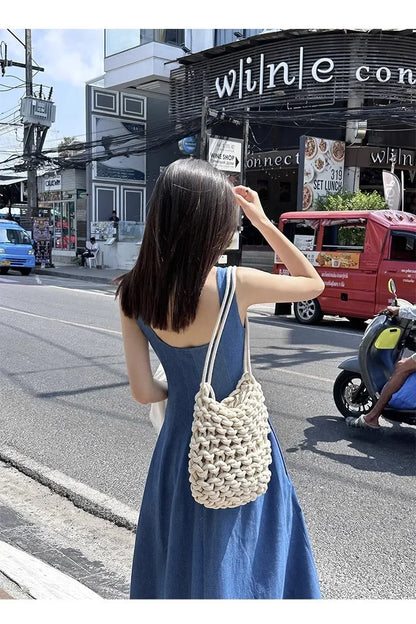 Blue Mist Love Französisches Jeanskleid für Damen, Sommer, einzigartiges Design, Taille, Cinching-Riemen, langes Kleid, elegante blaue Polyesterfaser