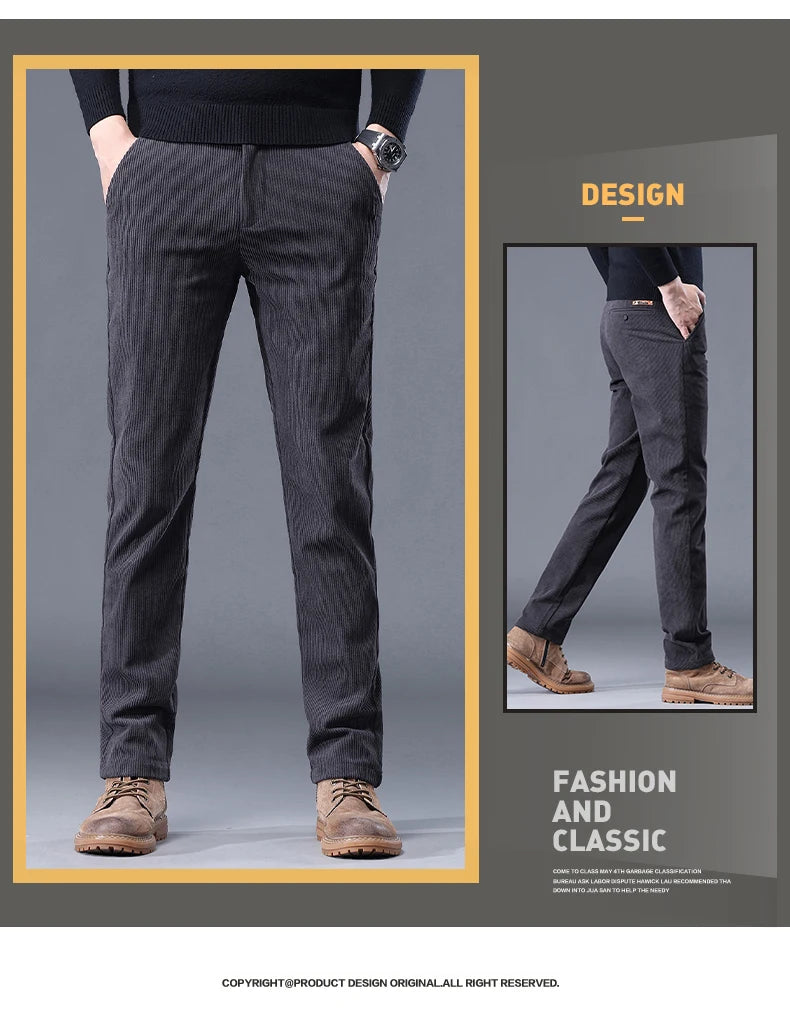 Khaki Black Gray Fleece Men's Corduroy Casual Pants Chenille Thick Stretch Business Trousers Mid-rise Brand Winter Thermal Pants.