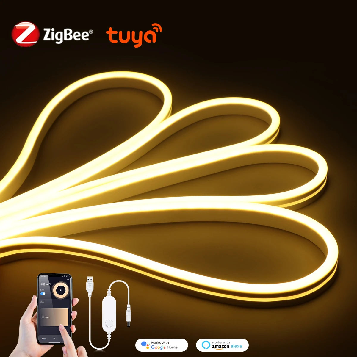 RGB Neon Light LED Strip ZigBee 5V USB Flexible RGB Rope Tube Lamp Warm/White Dimmable Lights for Tuya SmartThing Alexa Google.