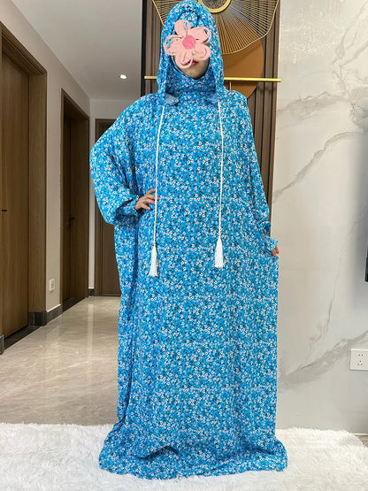 New Ramadan Muslim Two Hats Abaya Dubai Turkey Islam Prayer Clothes Floral Cotton Long Dress Islam Women Dress Kaftan