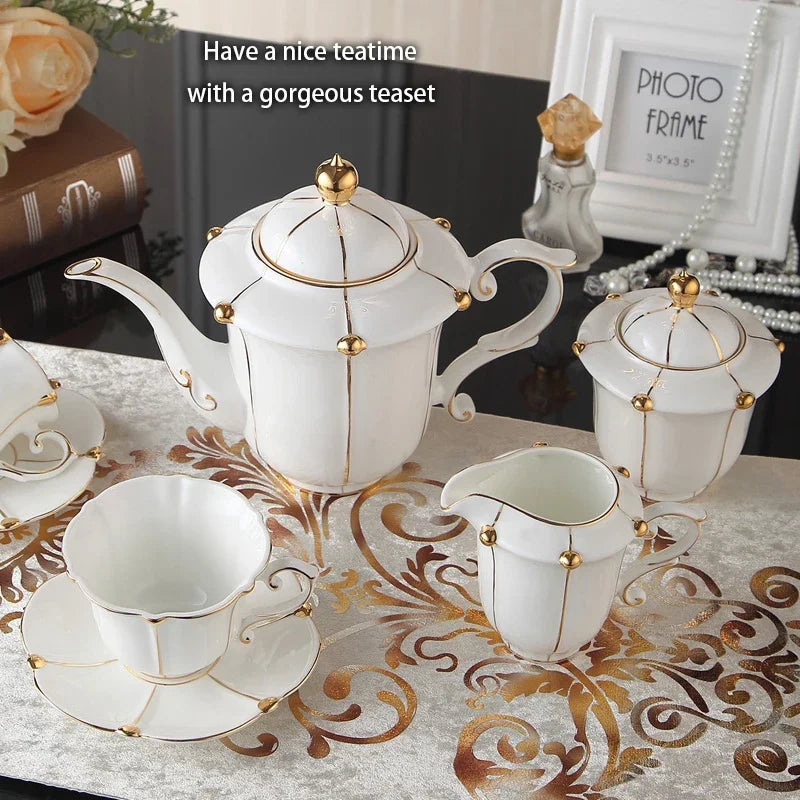 Gold Pearl Bone China Coffee Set British Porcelain Tea Luxury Ceramic Pot Creamer Sugar Bowl Teatime Teapot Cup Mug.