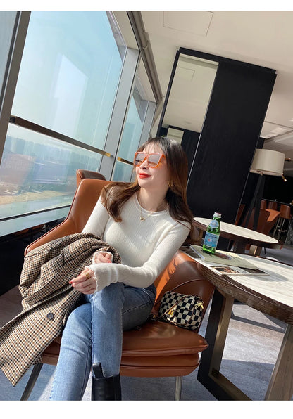 2025Oansatz Rippen Langarm Koreanische Dünne Weibliche Pullover Frauen Pullover Stricken Weiche Jumper Tops Geraffte Herbst Winter Tops.