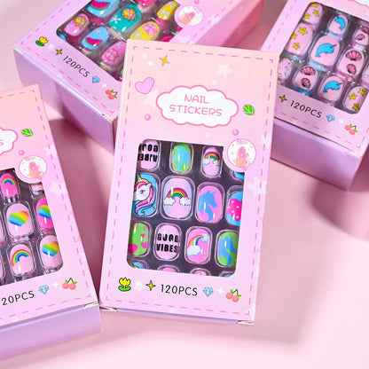 120pcs/box Pink Cartoon Children Press On Nails Candy Color Unicorn Cat Bunny Kids Full Cover False Nail Girls Party Nail Decora.
