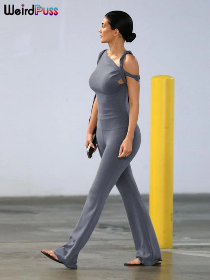 Weird Puss Irregular Knot Women 2 Piece Sets Stretch Casual Short Sleeve Tank Tops+Flare Pants Matching Outfits Slim Streetwear