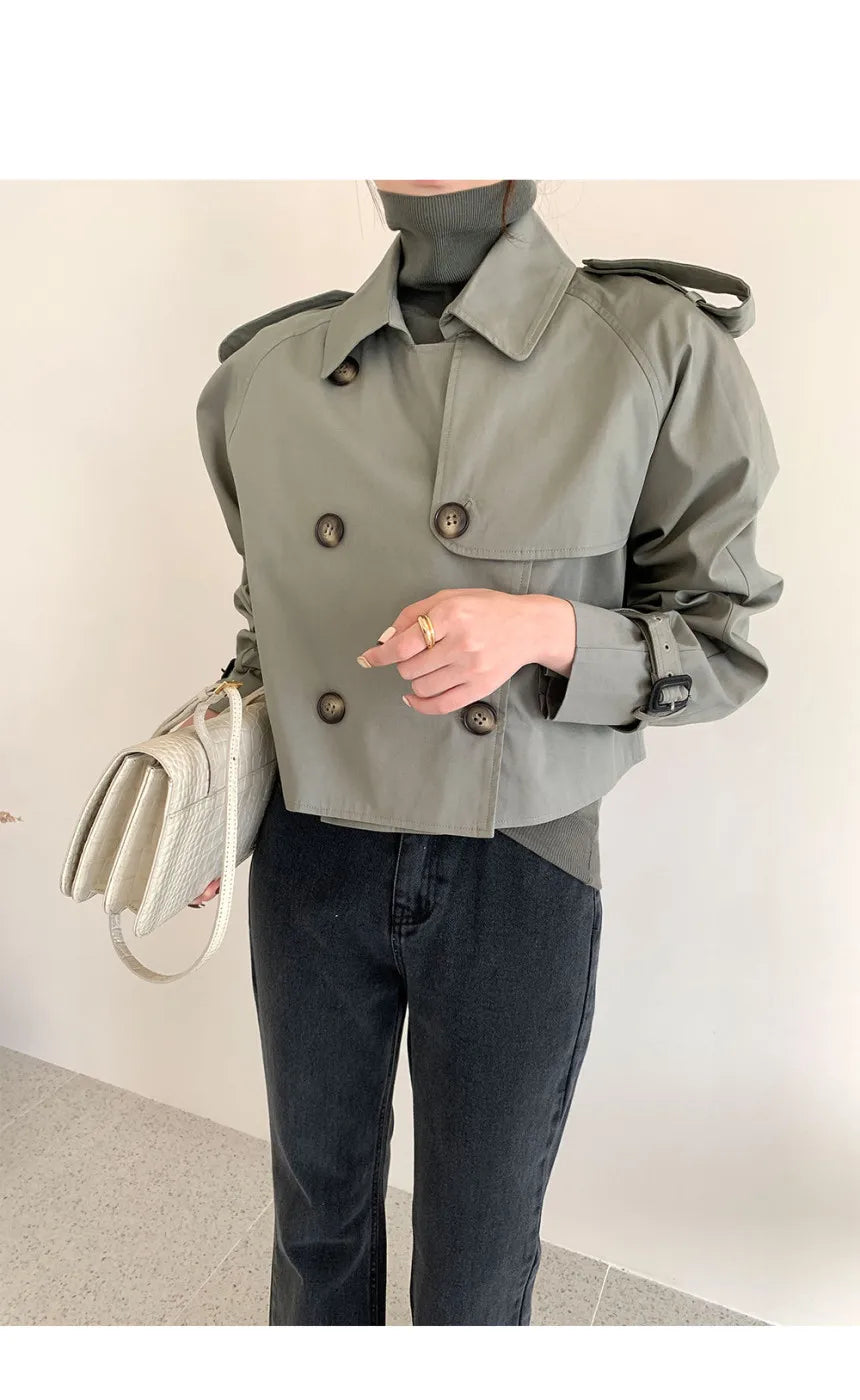 Vintage Zweireiher Graben Jacken Frauen Lose Chic Büro Dame Crop Tops Herbst Weibliche Mäntel Alle-spiel Lose Windjacke.