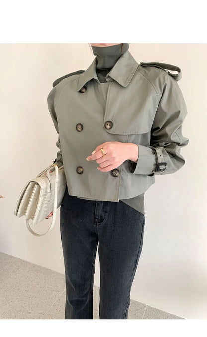 Vintage Zweireiher Graben Jacken Frauen Lose Chic Büro Dame Crop Tops Herbst Weibliche Mäntel Alle-spiel Lose Windjacke.