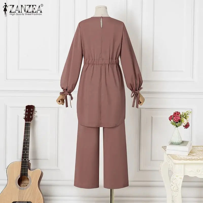 ZANZEA Muslim Women Matching Sets Long Sleeve Solid Color Tops And Loose Pant Suits Elegant Fashion Casual Tracksuit Kaftan 2025.