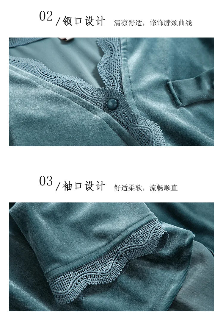 Fdfklak 2Pcs Gold Velvet Pajamas Set For Women Warm Pyjama Sexy V-Neck Lace Homewear Autumn Winter New Pijamas Long Pant.