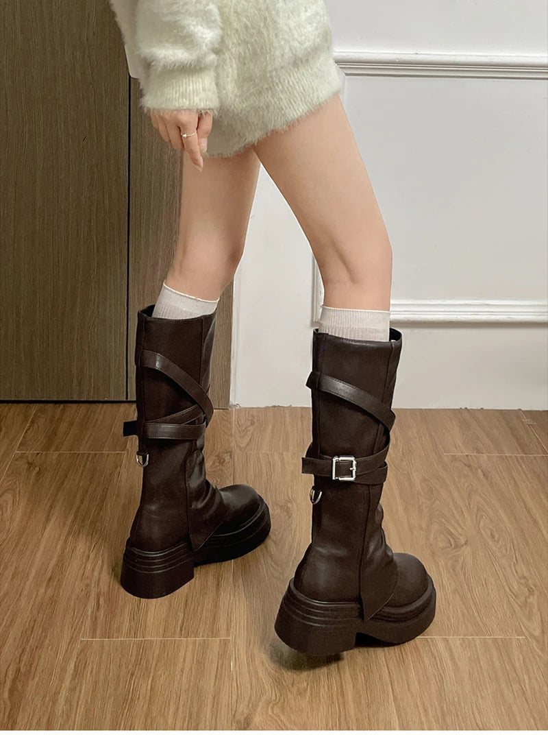 Vintage Thick Heel Women Knight Long Boots Fashion Slip On Knee High Booties Autumn Winter Shoes Zapatos De Mujer.