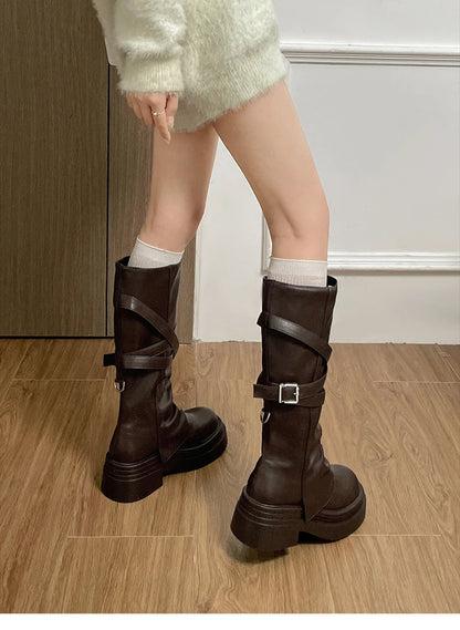Vintage Thick Heel Women Knight Long Boots Fashion Slip On Knee High Booties Autumn Winter Shoes Zapatos De Mujer.