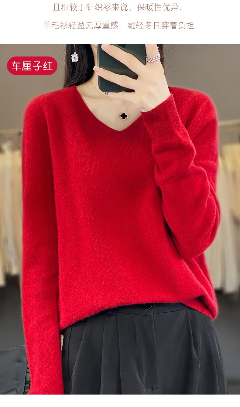 Women 100% Merino Wool Sweater V-Neck Basic Pullover Autumn Winter Cashmere Clothing Long Sleeve Soft Knitwear Tops Solid Color