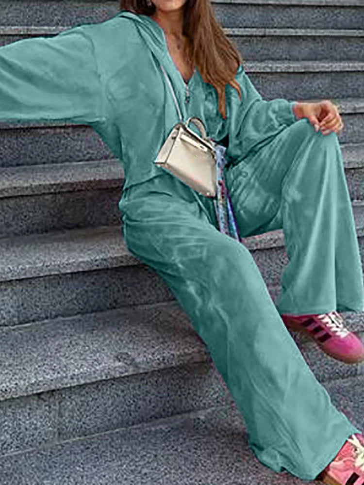 Women Autumn Hooded Coat Two Pieces Sets, Solid Patchwork Wide Leg Pants Chic Outfit, New Long Sleeve Casual Simple Ladies Suits.