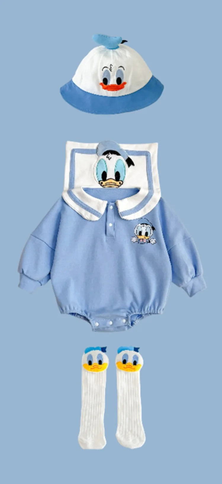 Neugeborenen Baby Strampler Socke Hut 3 stücke Set Cartoon Donald Daisy Ente Kleidung Jungen Mädchen Overall Infant Kurzarm Body k732