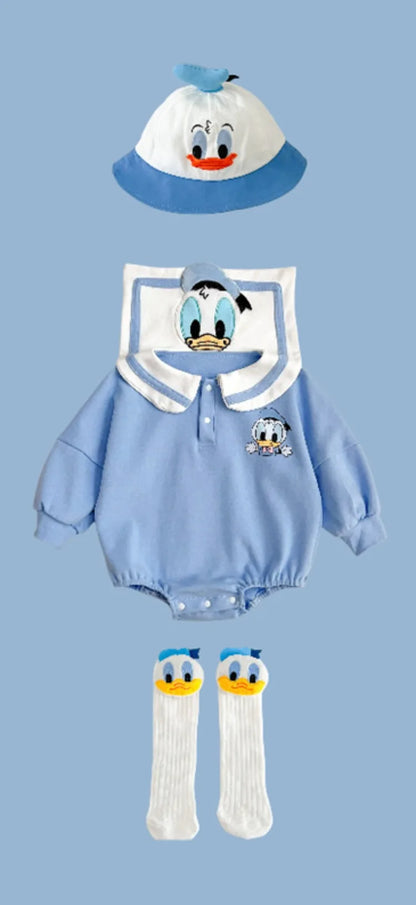 Neugeborenen Baby Strampler Socke Hut 3 stücke Set Cartoon Donald Daisy Ente Kleidung Jungen Mädchen Overall Infant Kurzarm Body k732
