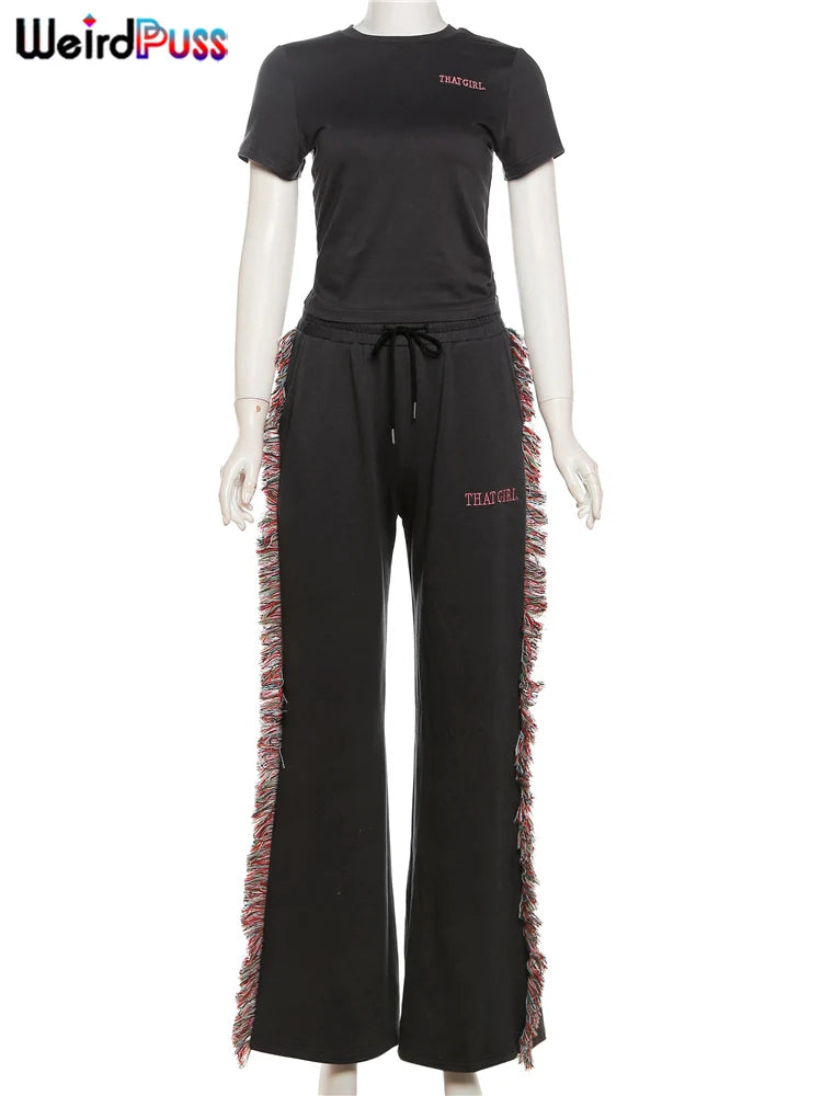 Weird Puss Casual Sporty 2 Piece Set Women Letter Embroidery Crop Tops+Side Tassel Straight Pants Matching Streetwear Tracksuits.
