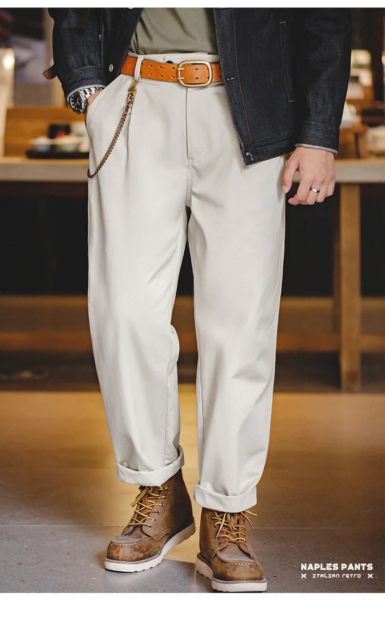 Maden Vintage Gentleman Naples Pants Korea Fashion Casual  Paris Button Straight Wide Trousers 100% Cotton Solid Work Suit Pants.