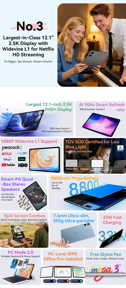 Blackview Mega 3 [No EU Charger] Tablet 8800mAh 36(12+24)GB+256GB 12.1" FHD 50MP+13MP Android 15 90Hz Dual SIM 4G 1080P IPS