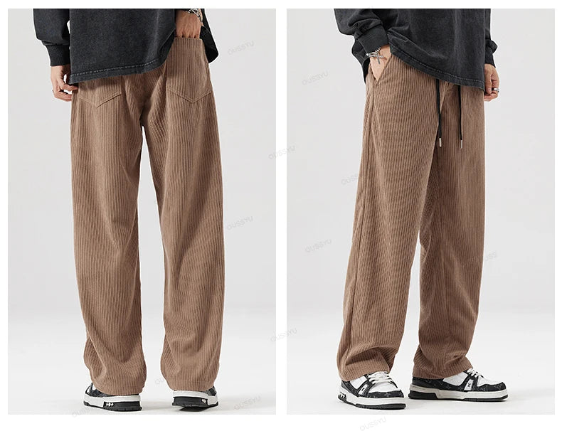 OUSSYU Brand Autumn Winter Men's Stripe Corduroy Pants Elastic Waist Drawstring Straight Thick Outdoors Loose Casual Trousers.