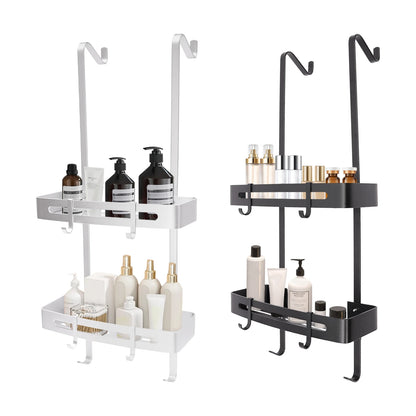 2-stufiges Badezimmerregal, hängendes Duschregal, silberfarbenes/schwarzes Regal, 6 Haken für Badezimmer, Küche, Wohnzimmer