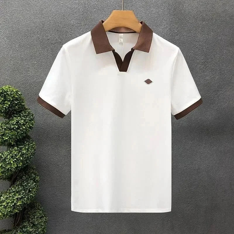 Men's Casual Polo Shirt Collared Short Sleeve Pique Cotton Breathable V-Neck Color Block Half Sleeve Summer Loose Top