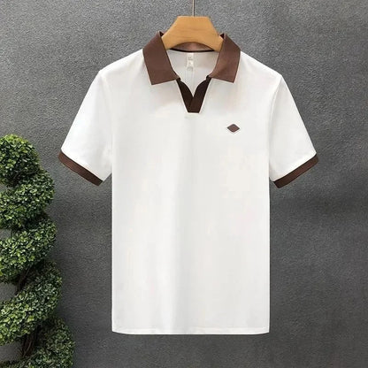 Men's Casual Polo Shirt Collared Short Sleeve Pique Cotton Breathable V-Neck Color Block Half Sleeve Summer Loose Top