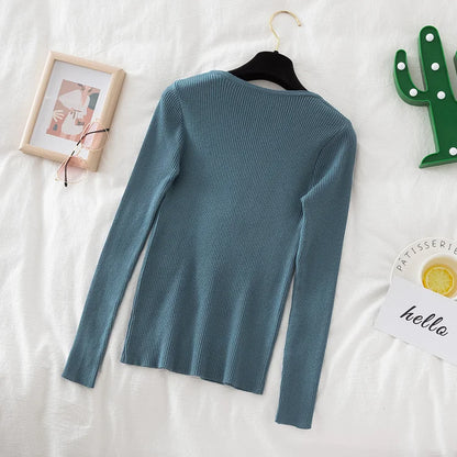 2026 weibliche Casual Tops Pullover Frauen Herbst Winter Gestrickte Dünne Pullover Feste Taste Volle Hülse V-ausschnitt Pullover.