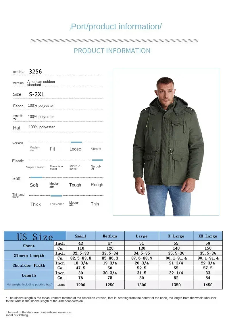 Men's Jacket WINTER USA SIZE Large SIZE Lamb Fleece JACKETS Hooded Cotton Thickened Multi Pocket Casual Mid length Coat.
