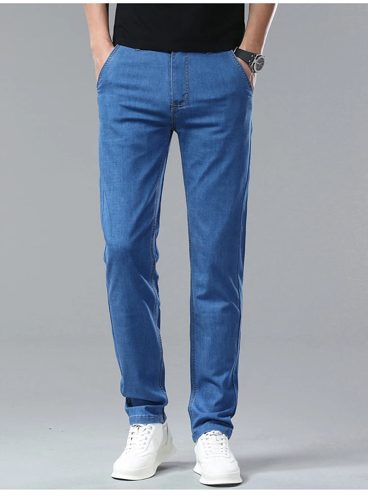 Men's Ice Silk Jeans Summer New Lyocell Thin Business Casual Denim Pants Classic All Match Slim Fit Straight Elastic Jean Male.