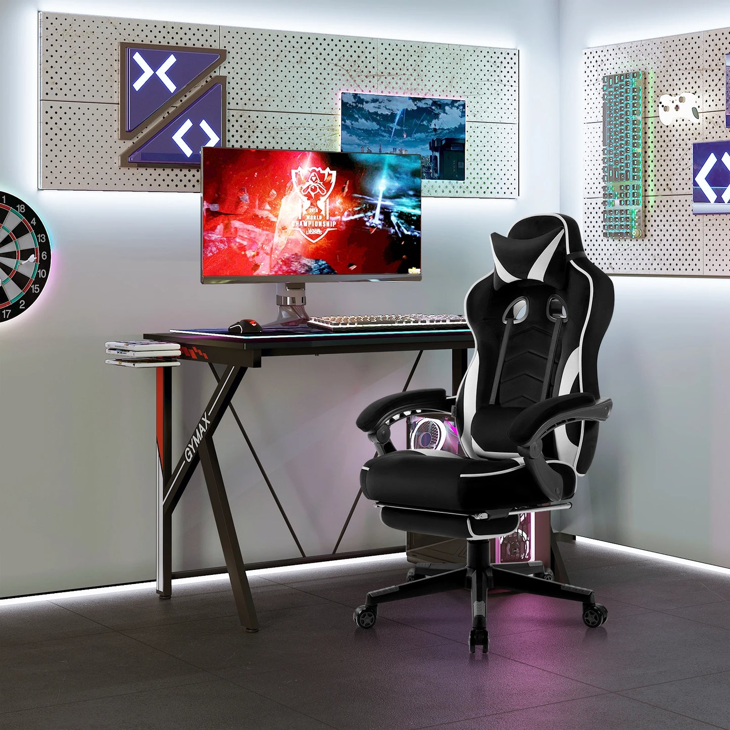 WOLTU Drehbarer Gaming-Rennstuhl, Schreibtisch, Büro, Computerstuhl, Sportsitz mit Kopfstütze, Lendenkissen, Fußstütze, Gamer-Stuhl