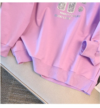 175kg plus size Damen büste Frühling Herbst loser Rundhals ausschnitt Langarm bedrucktes Sweatshirt schwarz lila 5xl 6xl 7xl 8xl 9xl