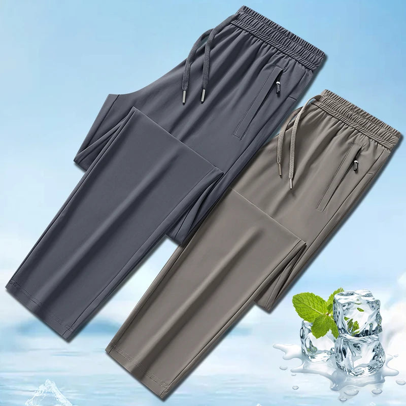 Ice Silk Men's trousers 2024 summer black-and-gray thin style business casual pants outdoor stretch breathable straight leg loos.