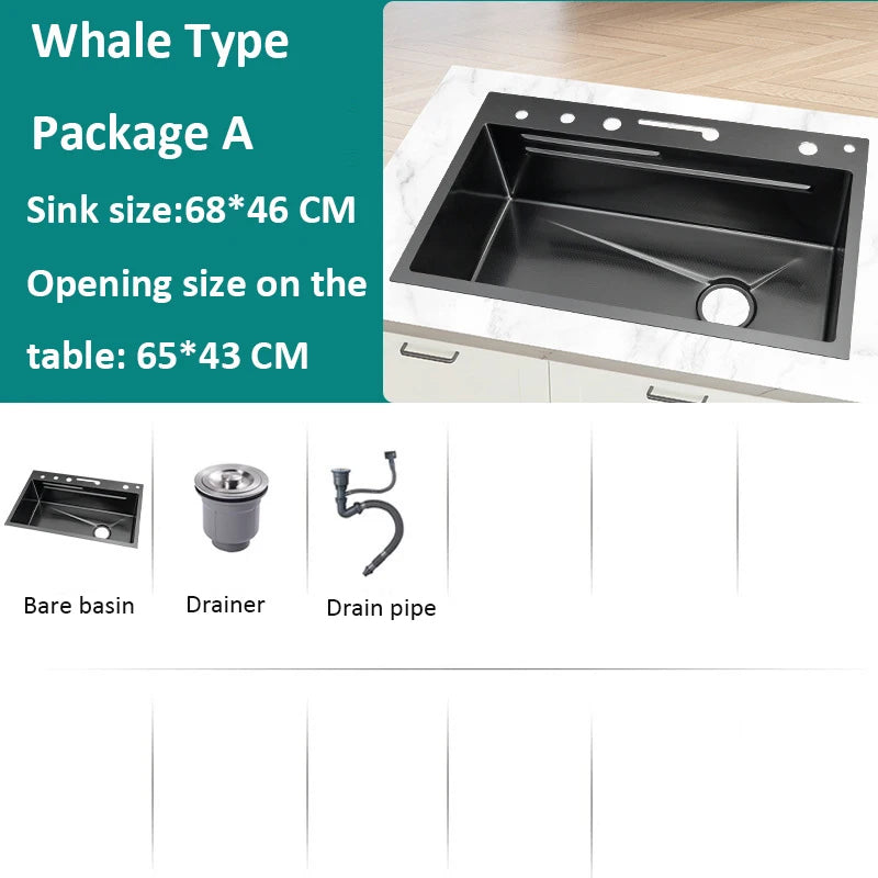 68x46cm Large Capacity Kitchen Sink Faucet Whale Waterfall Design Multifunctional Single Tank Home Appliance Fashionable