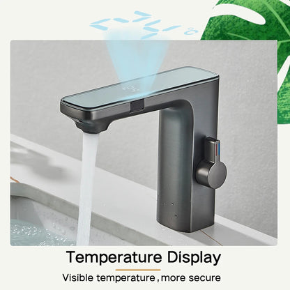 rozin Touchless Sensor Basin Faucet Smart Digital Display Bathroom Sink Faucets Grey Brass Sense Hot Cold Water Mixer Tap Crane