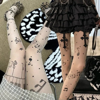 Women Personalized Stocking Gothic Music Notes Print Tights Thin High Elasticity Black Skin Leggings Spicy Girls Y2K Hosiery