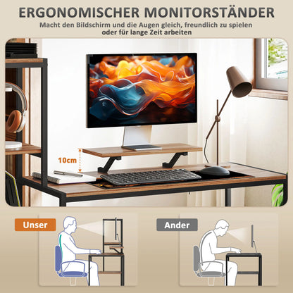 Schreibtisch Computertisch mit Monitorständer, CPU-Ständer, Bürotisch mit Druckerablage, PC-Tisch mit 4 Ablagen, 150 x 48 x 125 cm, Braun