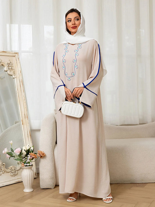 Beige Abaya Embroidered with Blue Patterns on Neckline Sleeves with Trim for Middle East Daily Wear Islamic Festivities Ramadan.