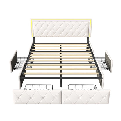 Lazyspace PU-Polsterbett, weißes Einzel- und Doppelbett mit Lattenrost, Holz, mit 4 Schubladen und LED-Kopfteil