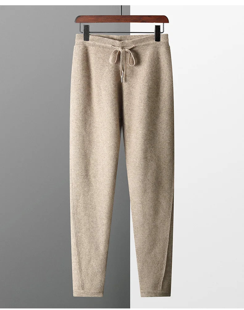 Thickened Four-Point Split Wear-Resistant 100% Cashmere Knitted Pants for Men with Pockets Elastic Waist Drawstring Slim Pants.